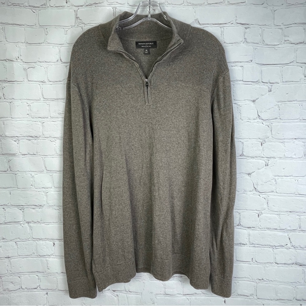 BANANA REPUBLIC Men's cotton silk cashmere brown gray quarter-zip sweater, sz XL